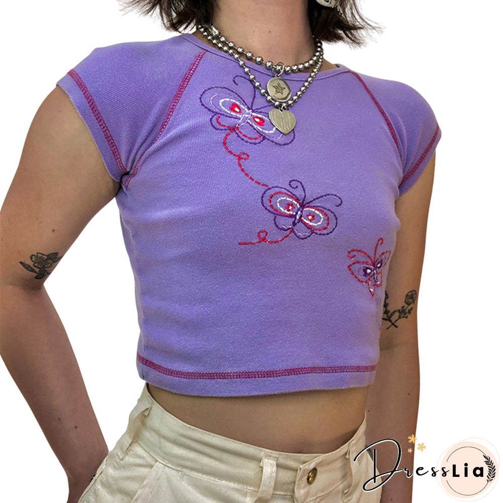 Summer Womens Casual Round Collar T-Shirt Creative Embroidery Short Sleeve Midriff-Baring