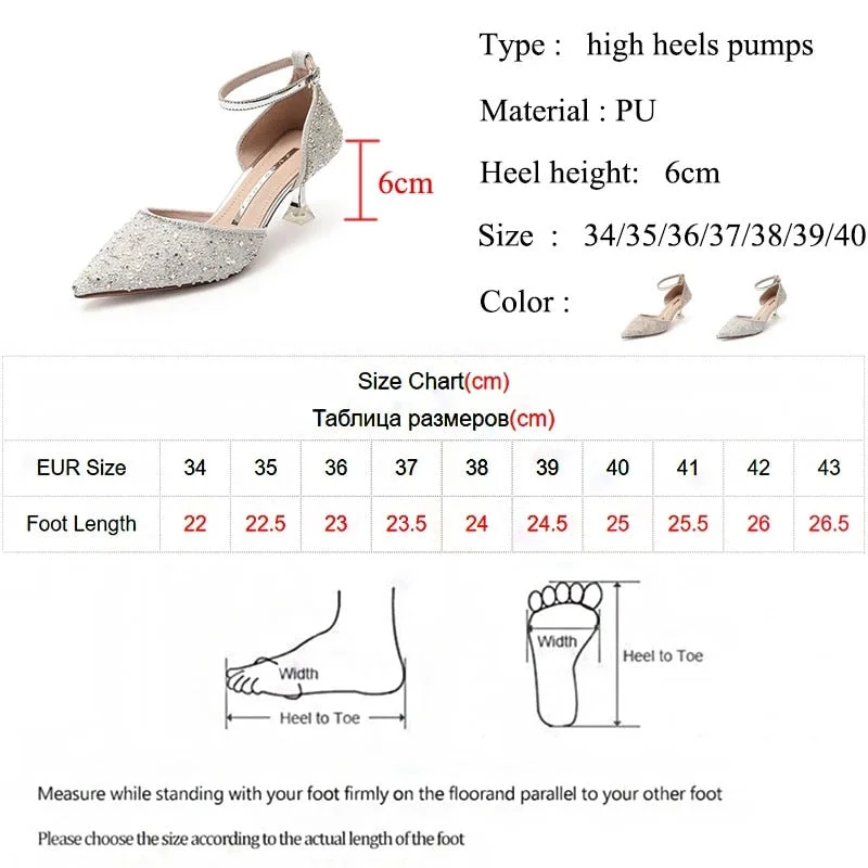 Rimocy Bling Shiny Women Pumps 2022 New Ankle Strap Crystal High Heels Shoes Woman Pointed Toe Thin Heel Wedding Party Shoes