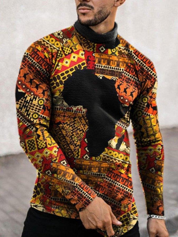 Men's African Map Retro Print High Neck Long Sleeve T-shirt