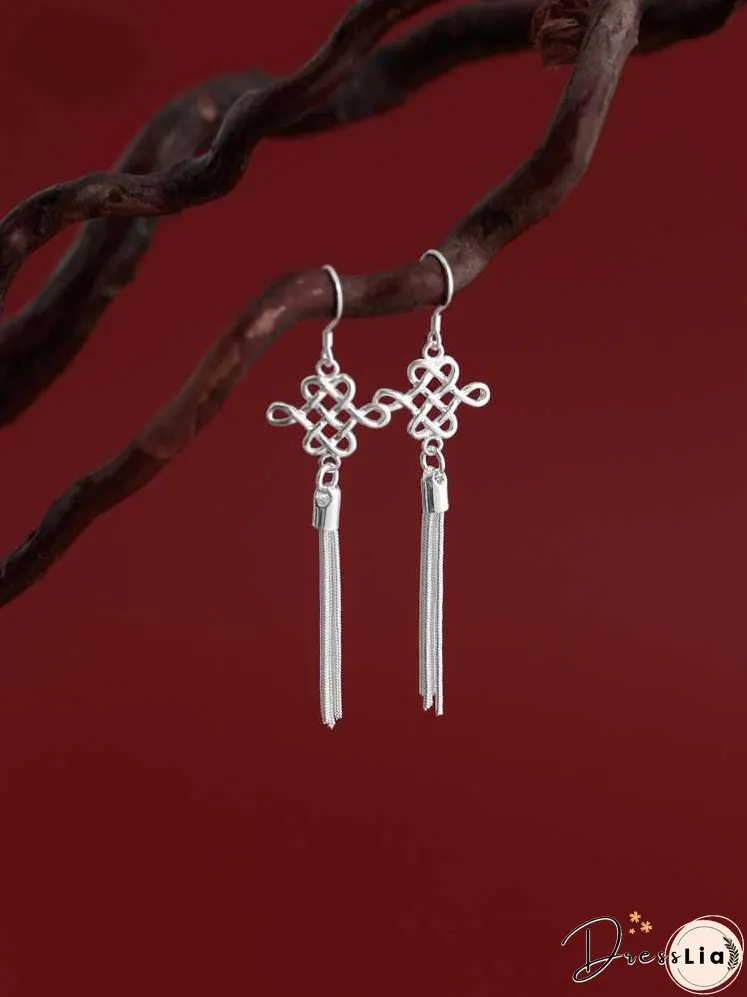 S925 Silver Art Retro Knot Tassel Earrings Elegant Bride Ethnic Style Ear Clip