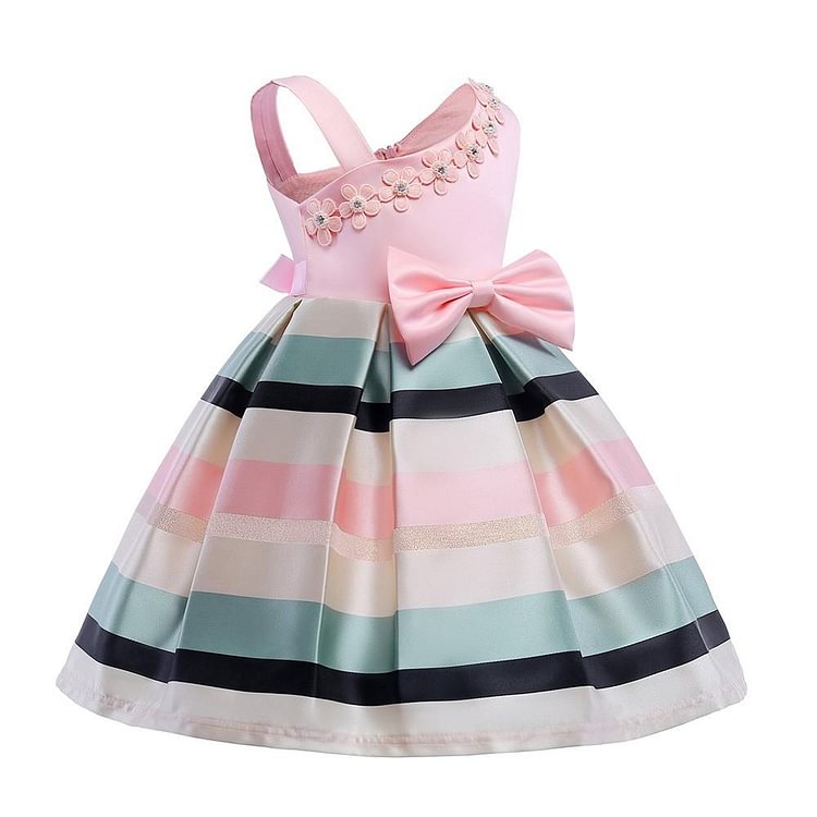Girls Pink Irregular Beaded Applique Bowknot Stripe Party Gown Dress-Mayoulove