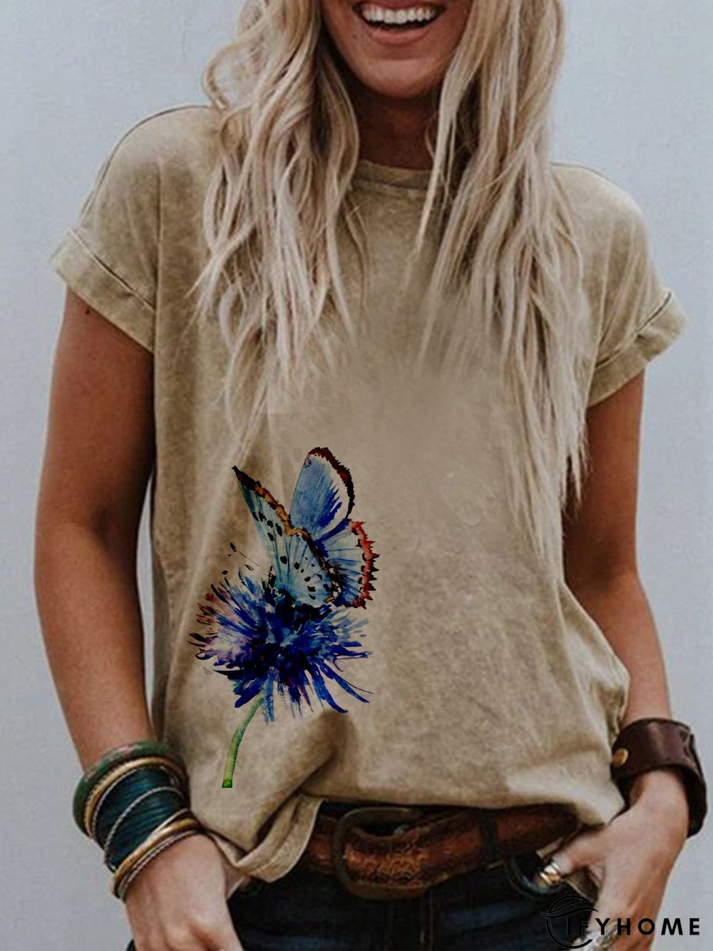 Khaki Printed Short Sleeve Round Neck Shirts & Tops | IFYHOME