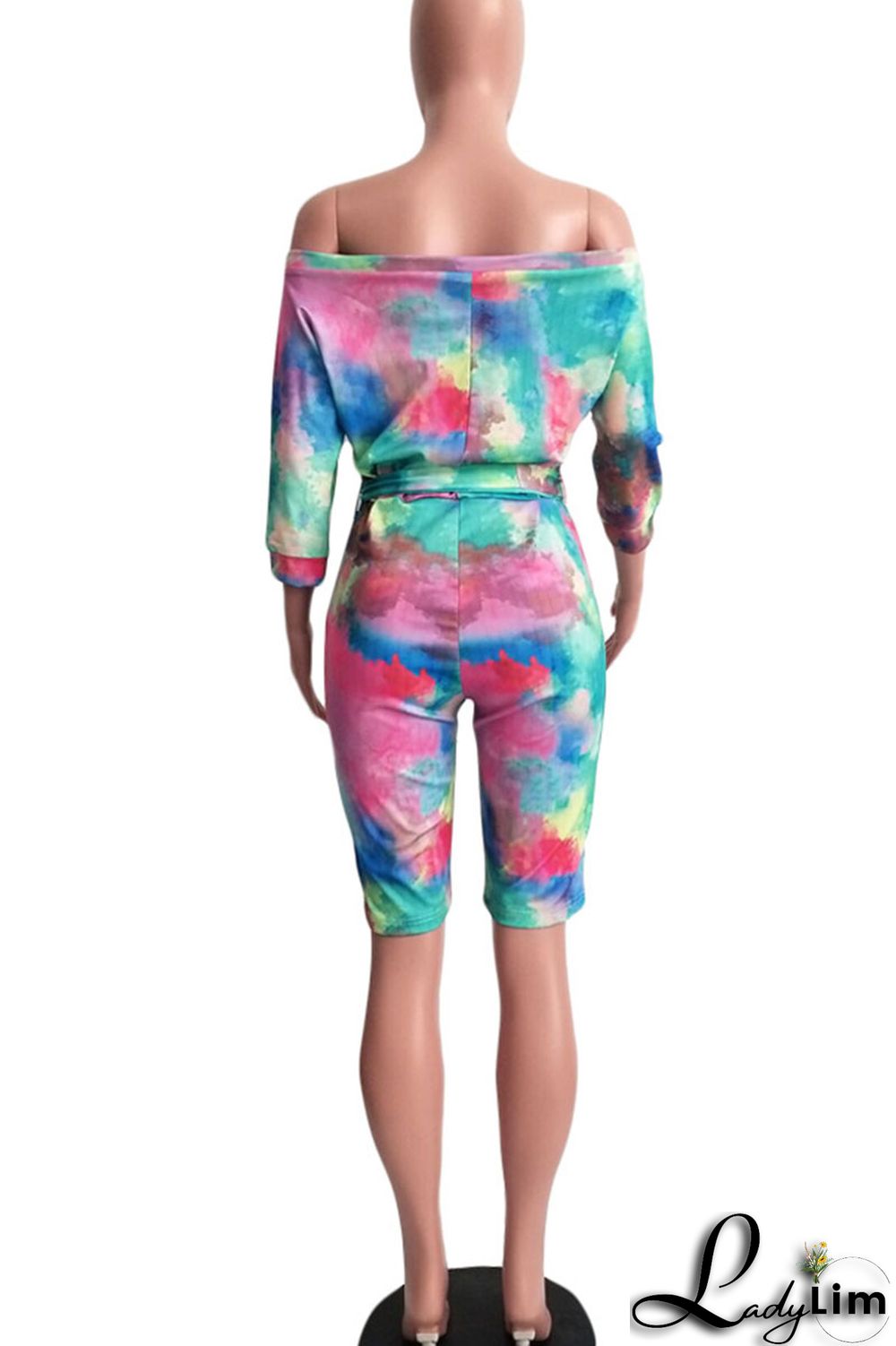 Tangerine Red Casual Print Tie Dye Bandage Split Joint Off the Shoulder Straight Jumpsuits