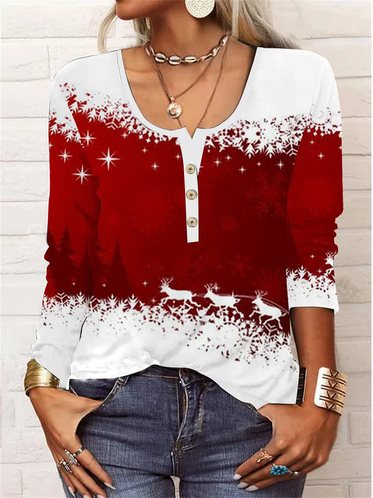 Christmas Snowflake Printed U-neck T-shirt
