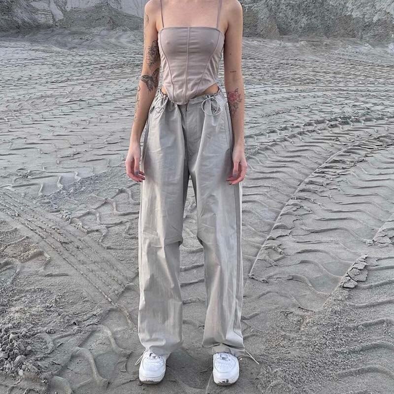 Sweetown Gray Baggy Trousers Women Drawstring Low Waist Y2K Clothes Korean Fashion Casual Loose Dance Hippie Jogging Sweatpants
