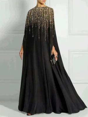 Image of Long Sleeves Loose Rhinestone Round-Neck Maxi Dresses