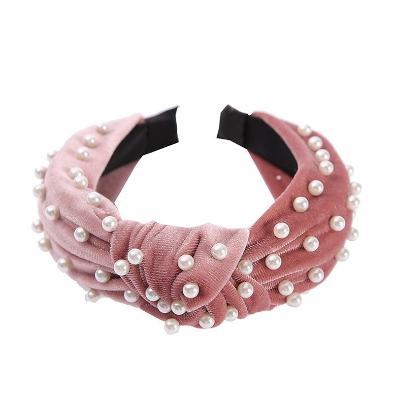 New Wide-brimmed Gold Flocking Bead Headband Simple Retro Pearl Headband Knot Wash Face Headband