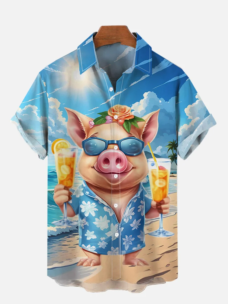 Men's Hawaiian Casual Summer Pig Juice Short Sleeve Shirt PLUSCLOTHESMAN