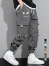 Men's Cartoon Face & Letter Print Drawstring Waist Cargo Pants by Inlyline
