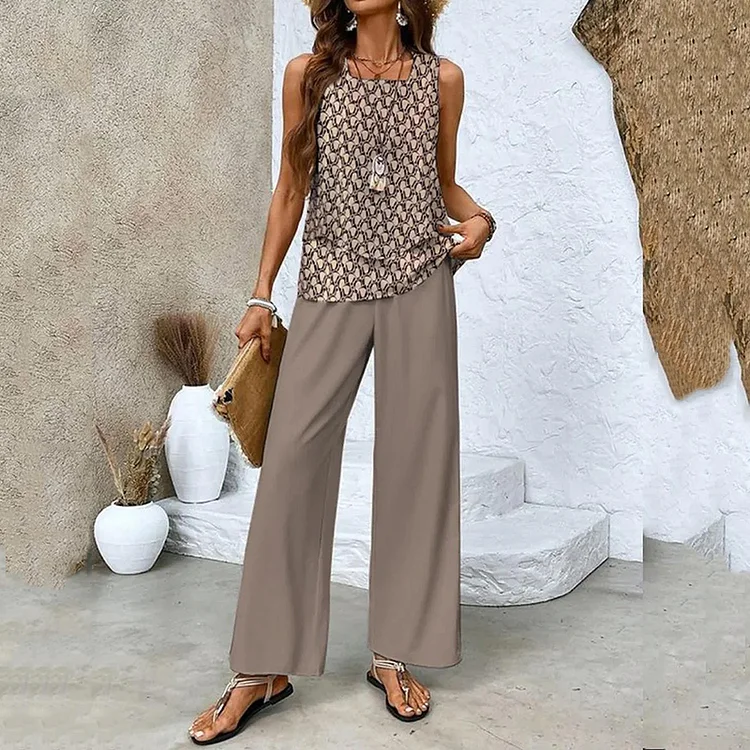 Utbros Geometric Print Double Layer Tank Pants Two Piece Set