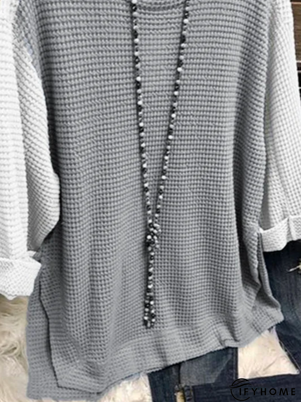 Blue Long Sleeve Cotton-Blend Round Neck Tunic Sweater Knit Jumper | IFYHOME