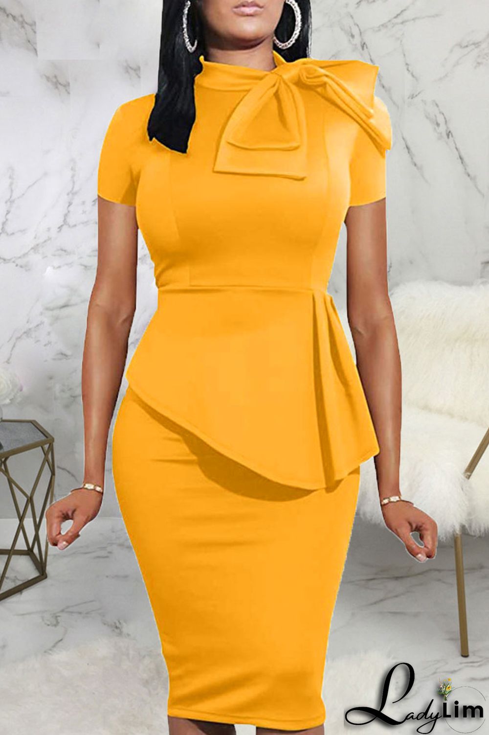 Coral Powder Casual Solid Patchwork Asymmetrical With Bow O Neck One Step Skirt Dresses