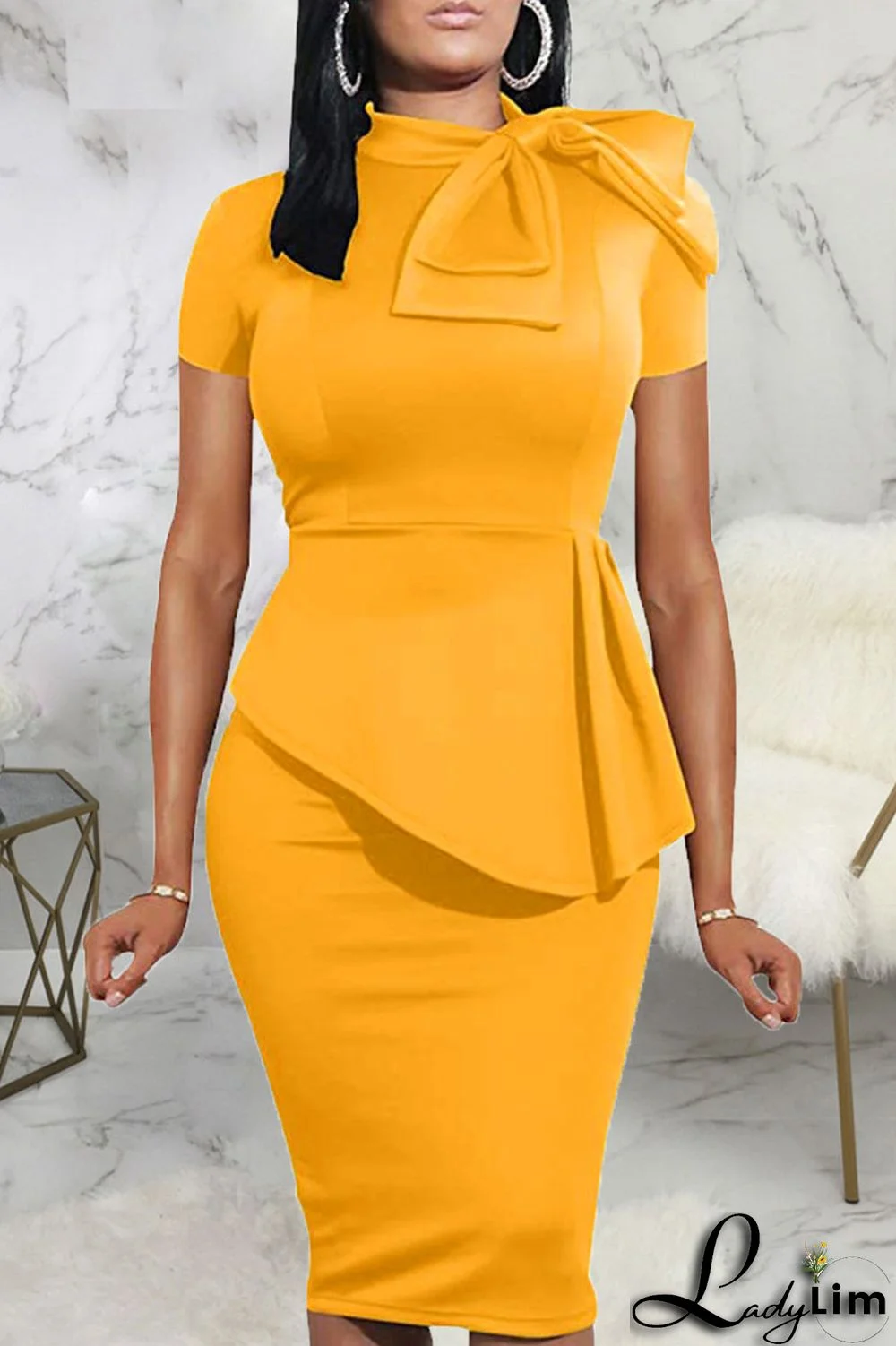 Coral Powder Casual Solid Patchwork Asymmetrical With Bow O Neck One Step Skirt Dresses