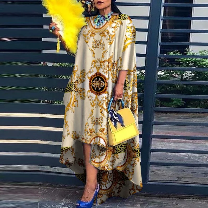 Vintage Floral Printed O Neck Dress 2022 Summer Spring Asymmetric Hem Pleated Vestidos VONDA Casual 3/4 Sleeve Beach Sundress