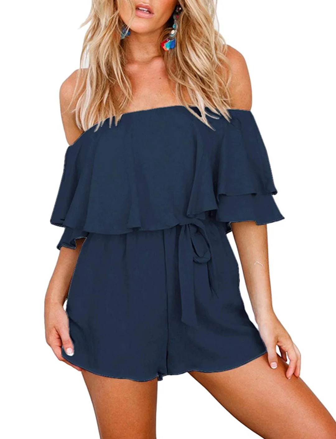 Women Summer Short Sleeve Playsuit Off Shoulder Romper with Waistband