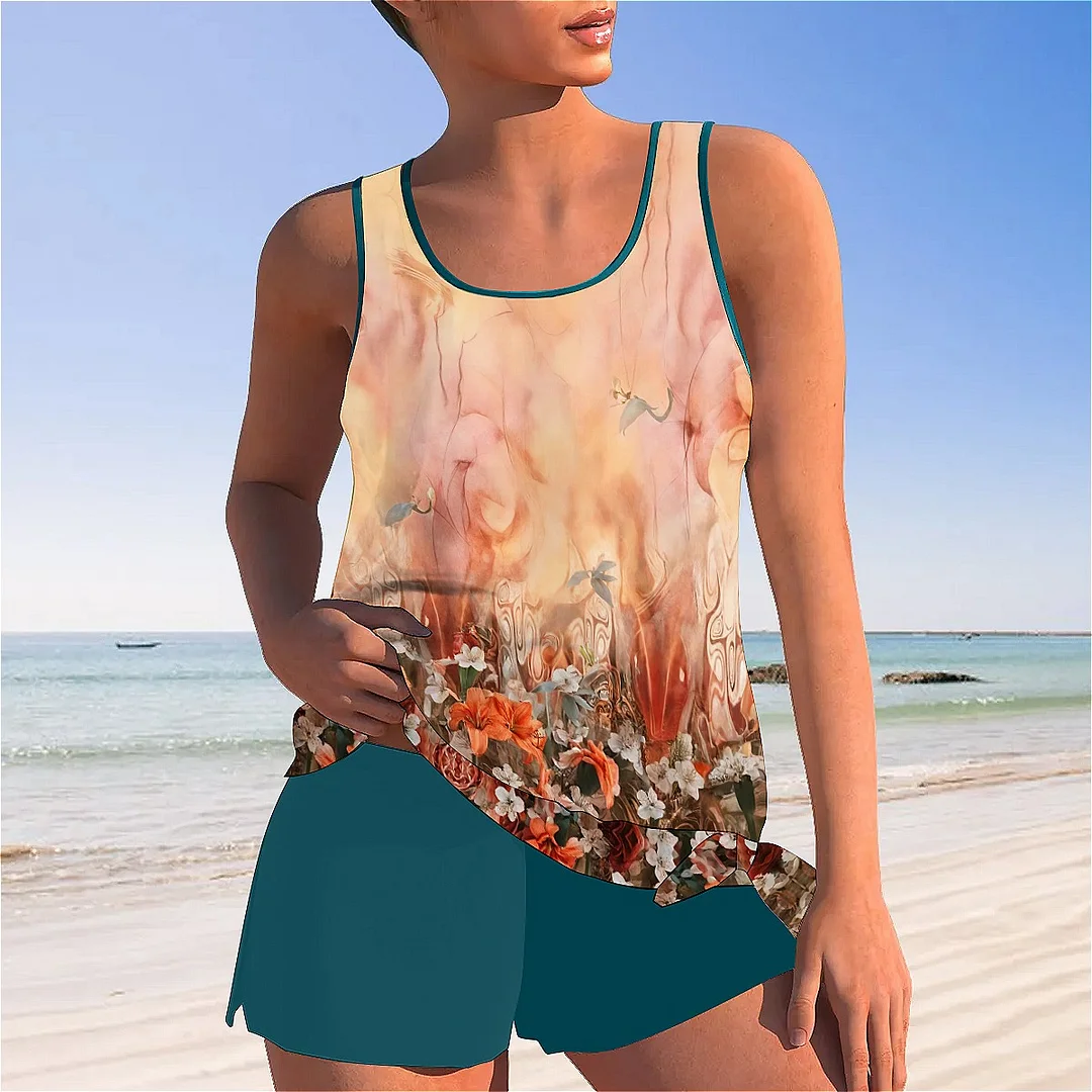 Bowknot Floral,Orange Mid Waisted Tankini Set - Plus Size Available