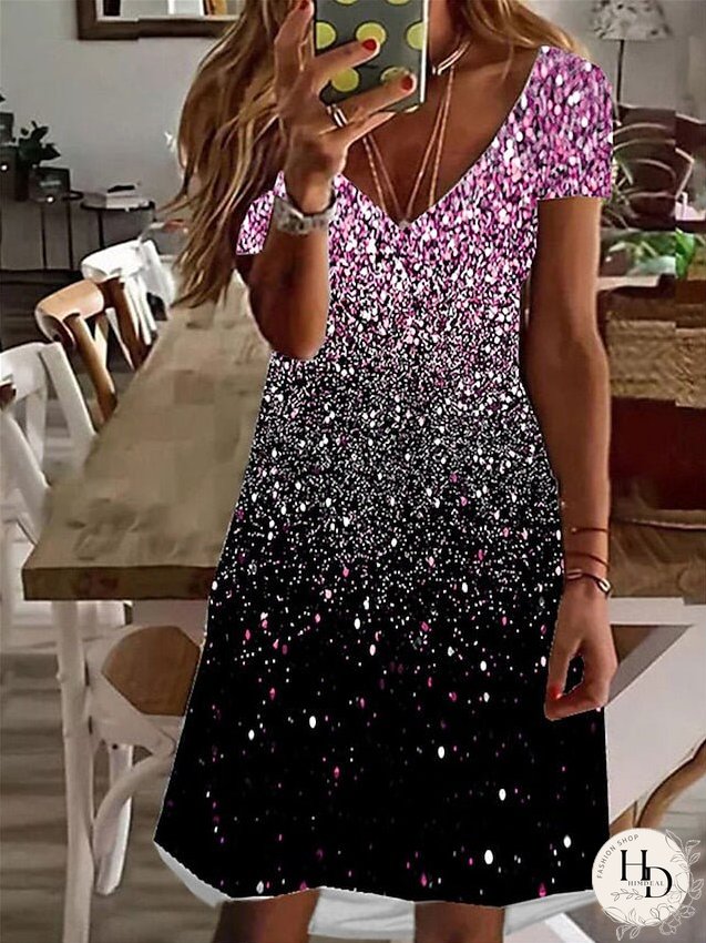 Casual Dress T Shirt Dress Tee Dress Print Dress Mini Dress Pink Blue Purple Short Sleeve Color Gradient Print Summer Spring V Neck Fashion Summer Dress Loose Fit S M L XL XXL 3XL for Women