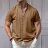 Camicia da uomo a maniche corte in cotone e lino con collo alto e bottoni