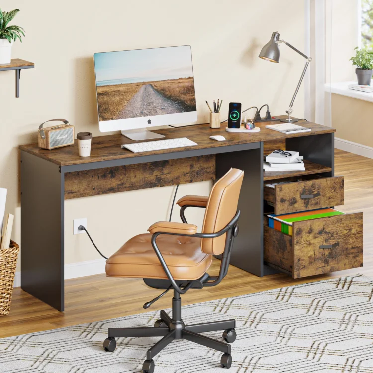 Bestier Computer Desk with Drawers Power Outlet 60" Office Desk Lift Top Desk Large Workstation for Home, Rustic