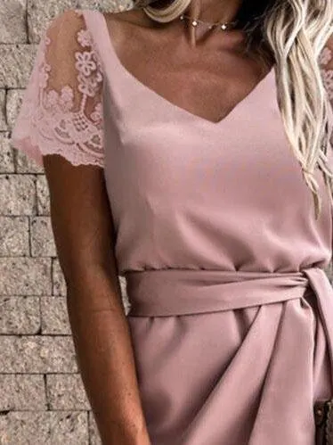 Solid Color Lace Sleeve V-neck Dress