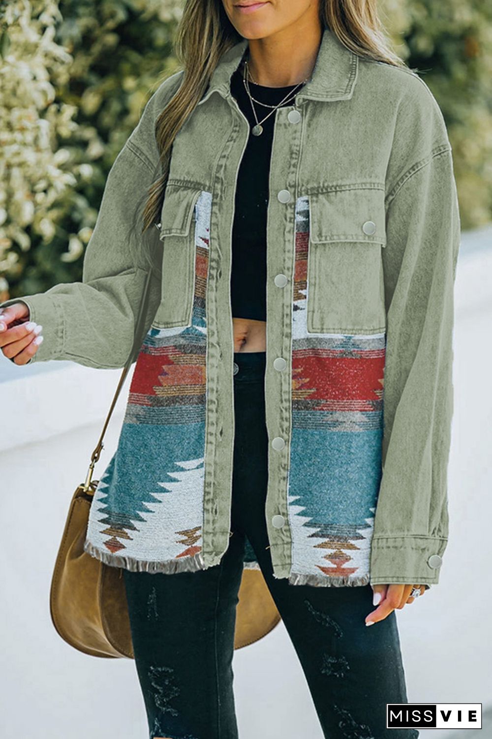 Distressed Aztec Denim Jacket Coat