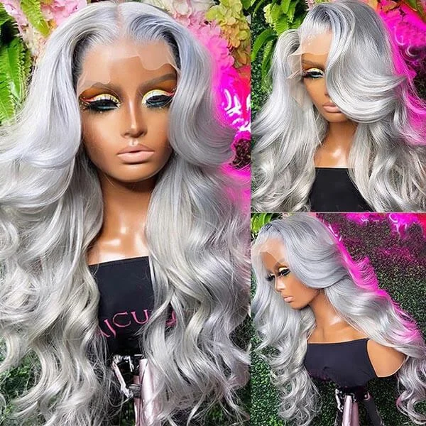 Junoda Silver Grey Body Wave Wig Lace Front Wig Colored Human Hair Wigs for Women