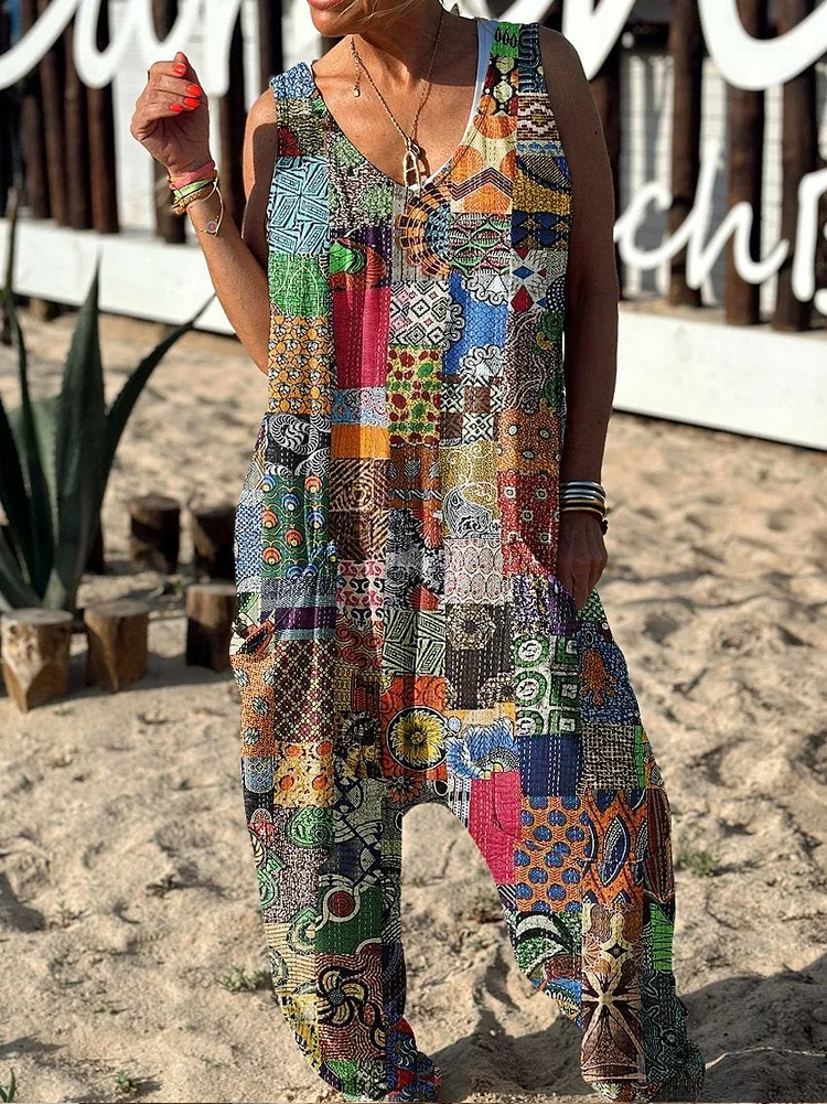 Floral Pattern Hippie Art Print Casual 100% Cotton Wide Leg Jumpsuit