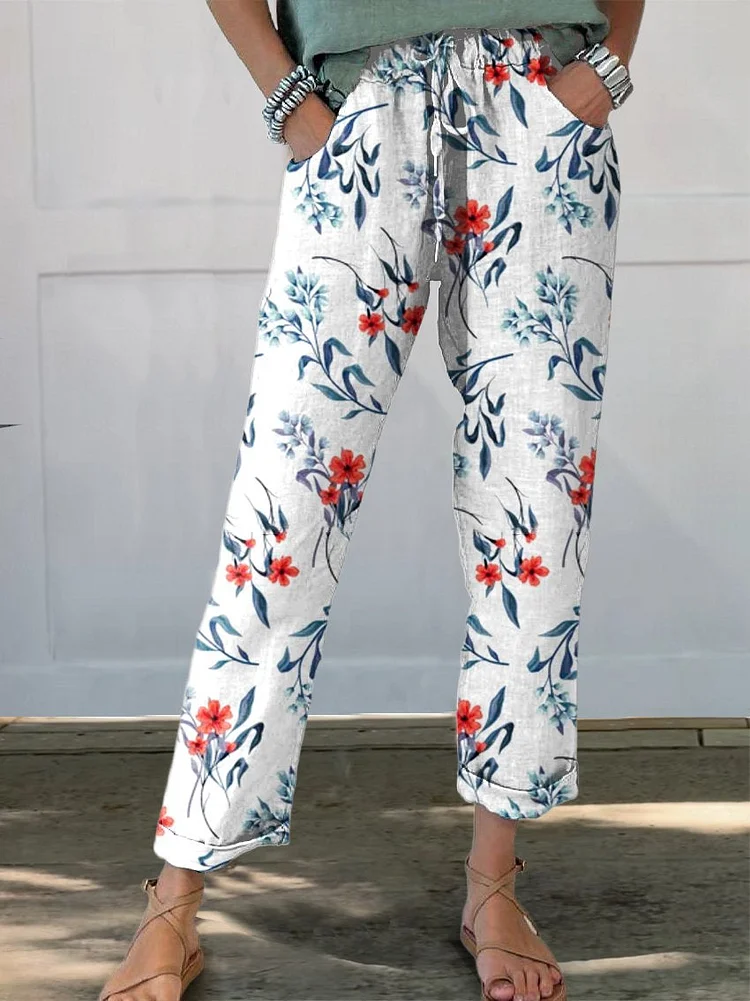 Women's Flower Printed Cotton And Linen Casual Pants