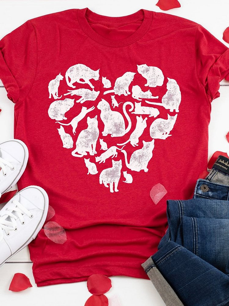 Bestdealfriday Valentine's Day Heart Shaped Cat Graphic Tee