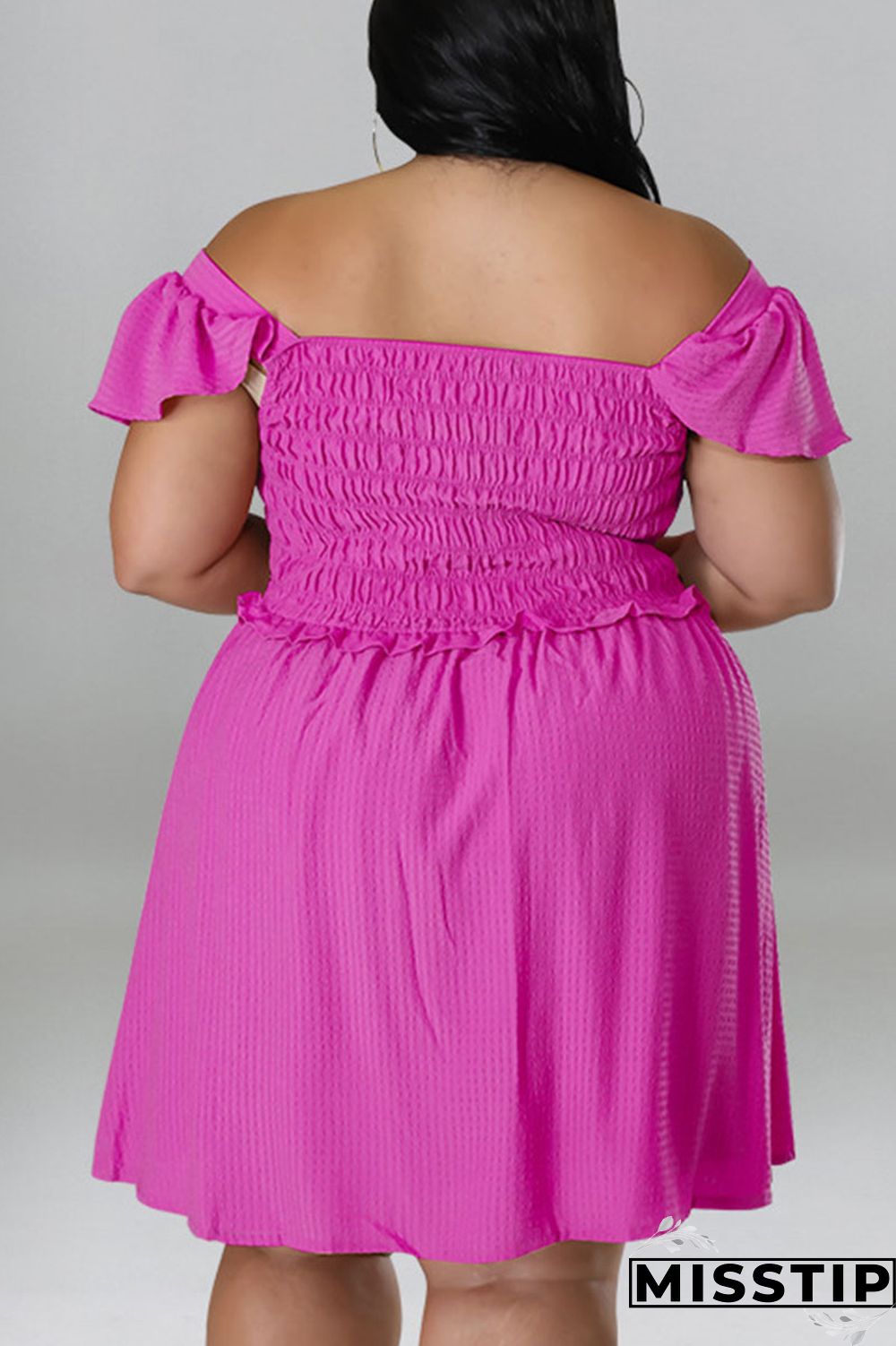 Rose Red Casual Sweet Solid Patchwork Fold Off the Shoulder A Line Plus Size Dresses