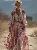 Vintage Boho Pink Floral Flowy Long Linen Cardigan