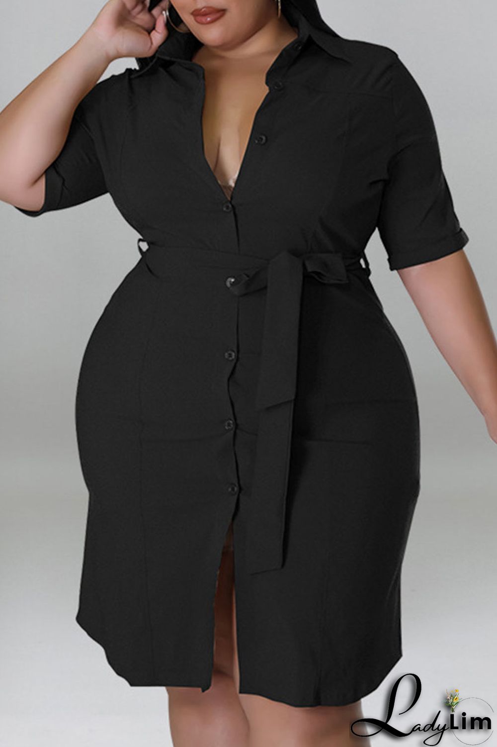 Black Casual Solid Patchwork Buckle Turndown Collar Straight Plus Size Dresses