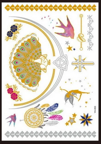 Flash Metallic Waterproof Tattoo Temporary Color Gold Silver Women Fashion Peacock Feather bird Design Sticker on the body YH119