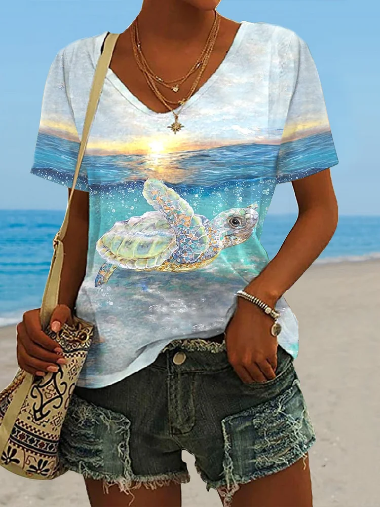 🔥Buy 3 Get 10% Off🔥Women's Hawaiian Turtle Print Casual V-Neck T-Shirt