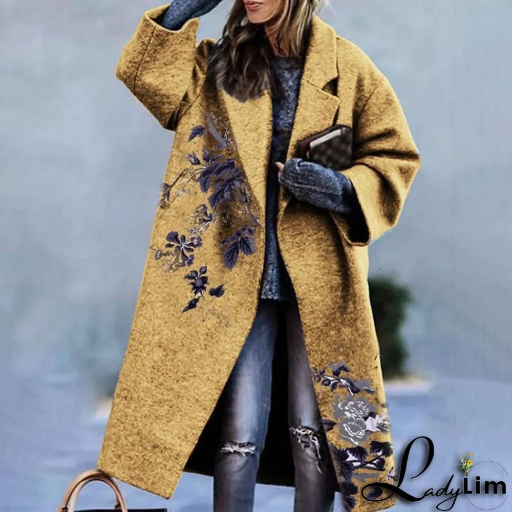 Fall Women's Long Sleeve Turndown Collar Jacket Printed Coat