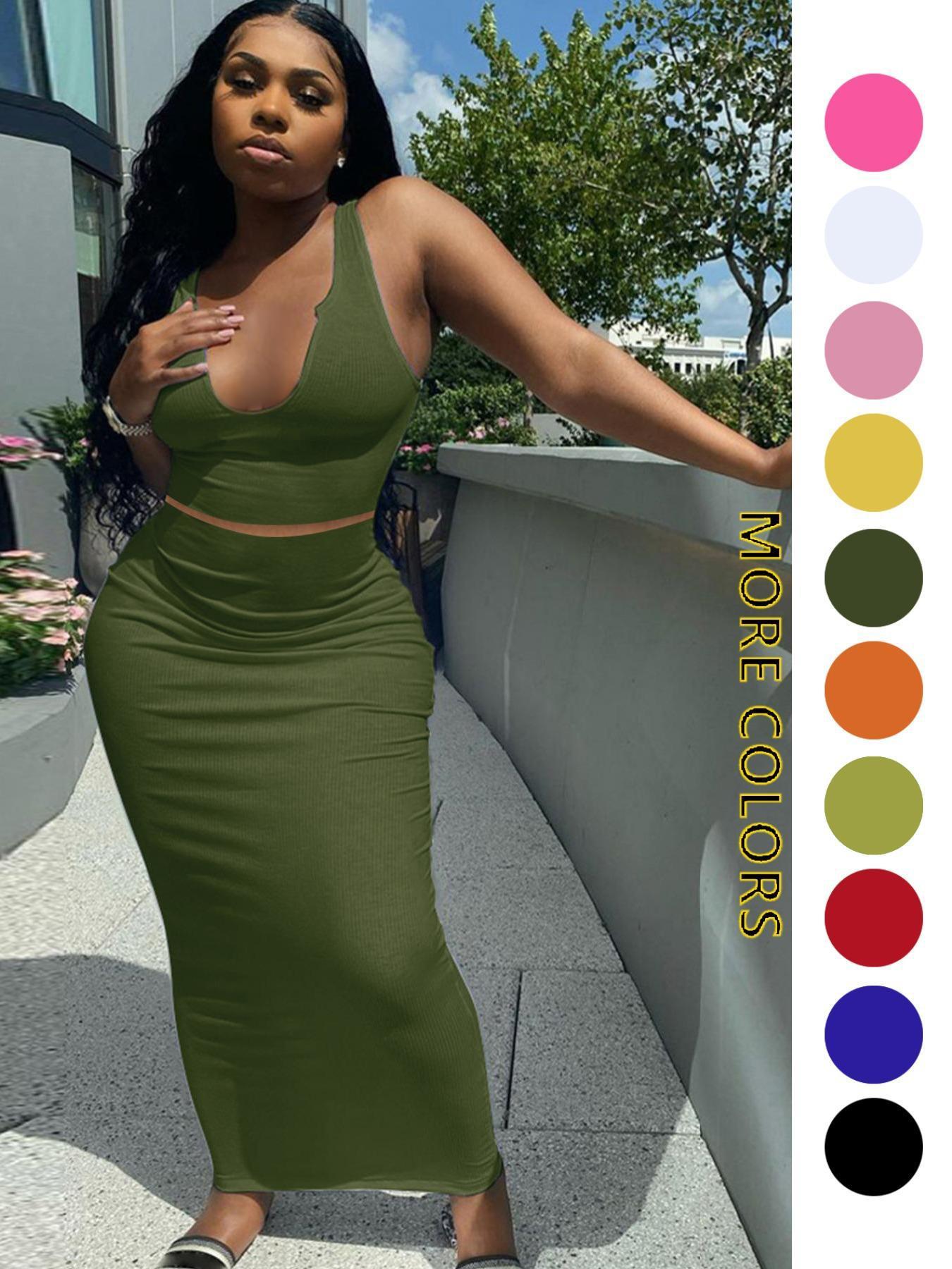 Two-piece Set Women's Solid Notched Neck Crop Tank Top & High Waist Bodycon Skirt Set, Casual Slim Sleeveless Top & Long Skirt, Ladies Summer Clothes for Daily Wear, Outfit Sets Women, Summer Outfits Set Two-piece Set Women's Solid Notched Neck Crop Tank Top & High Waist Bodycon Skirt Set, Casual Slim Sleeveless Top & Long Skirt, Ladies Summer Clothes for Daily Wear, Outfit Sets Women, Summer Outfits Set