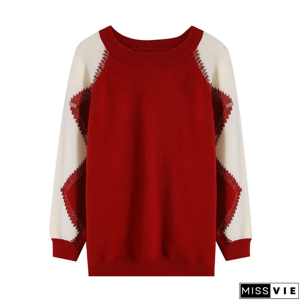 Chic Colorblock Round Collar Knit Loose Sweater