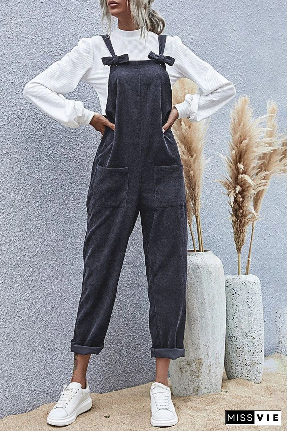 Solid Bowknot Double Pockets Overall