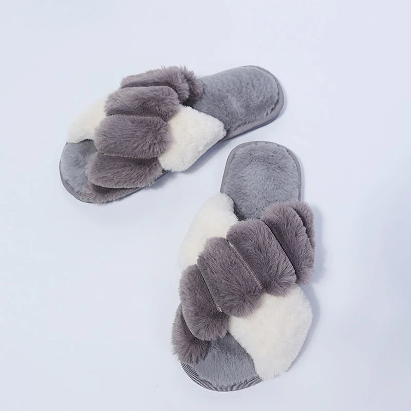 Winter Women Faux Fur Slippers Warm Fluffy Furry Cross Strap Home Indoor Shoes Footwear Cozy House Non Slip Mix Color Whosale