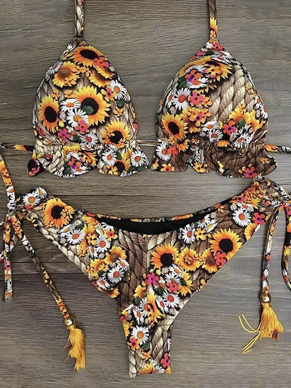 Floral-Print Ruffled Triangles Split Bikini Swimsuit