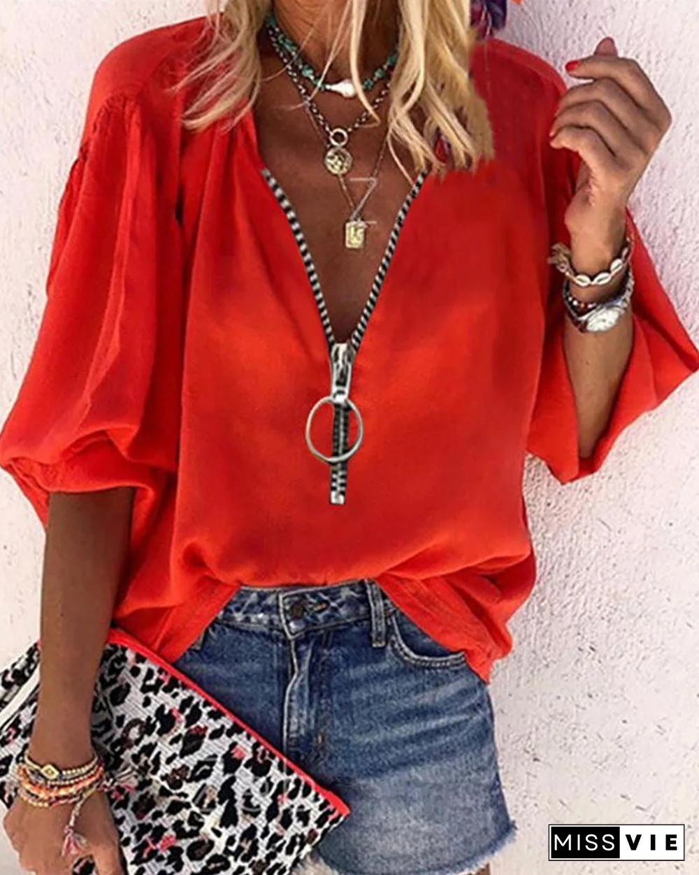 Lantern Sleeve Zipper Design Casual Top P13062