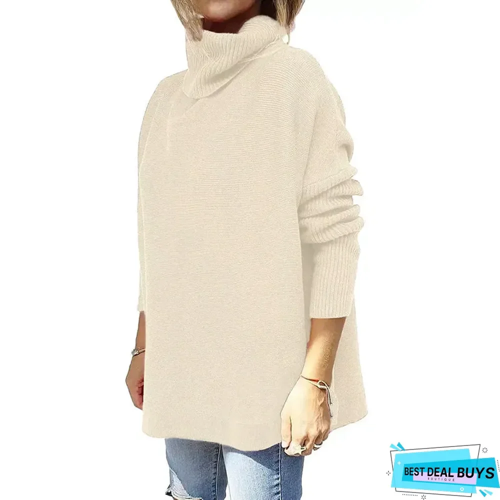 High Neck Bat Wing Sleeve Split Hem Waistband Pullover Sweater