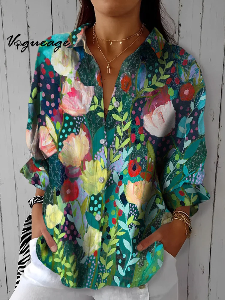 Gorgeous Gentle And Elegant Flowers And Plants Printed Cotton And Linen Shirt