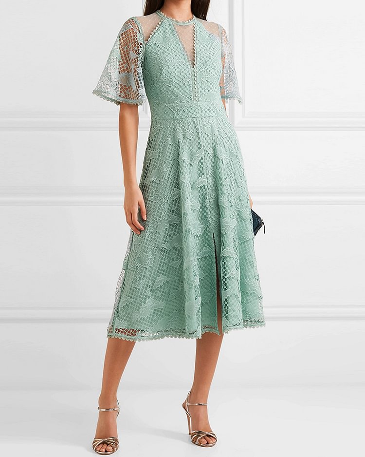Lace midi dress with hollow V-neck