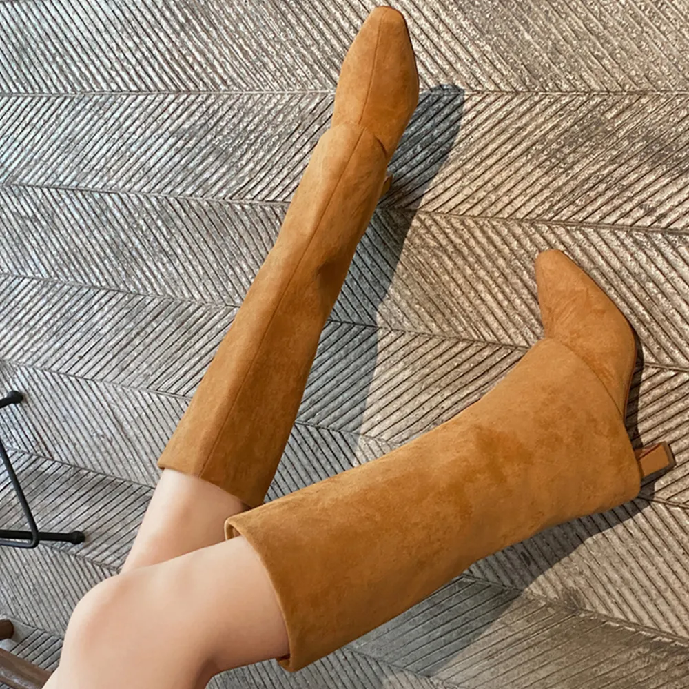 70mm Block Heel Mid-tube Fashion Boots Light Caramel Suede-vocosishoes