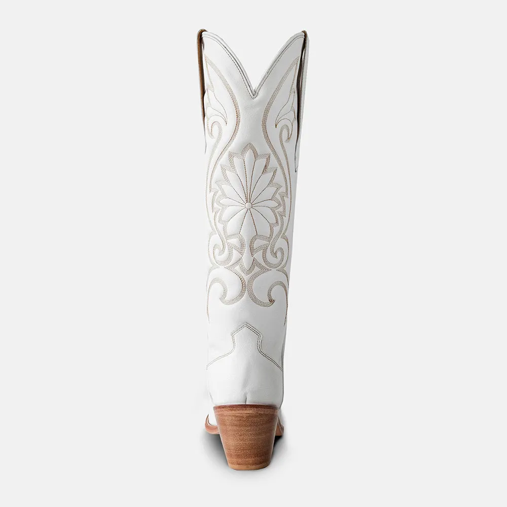 Women's Knee High Snip Toe Block Heel Embroidered White Cowgirl Boots