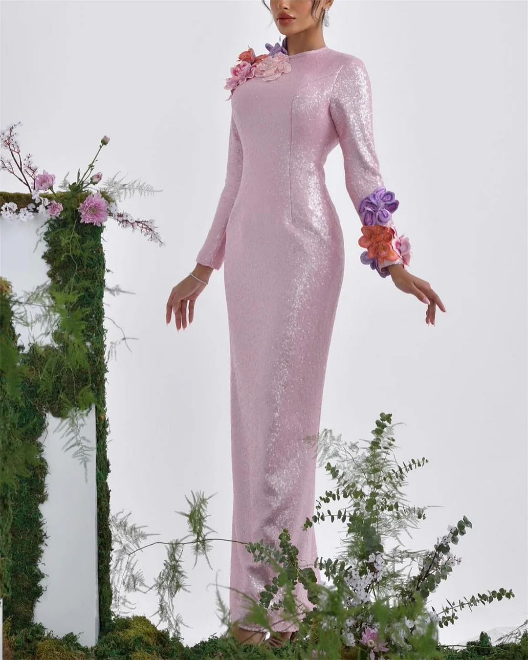 Women's Round Neck Long Sleeve 3D Printed Sequin Dress