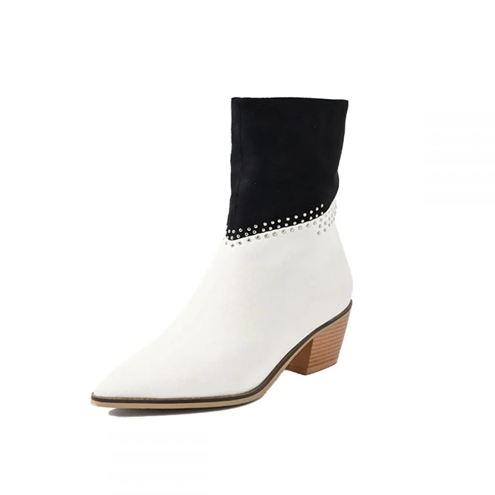 Black And White Suede Booties Pointed Toe Cowgirl Ankle Boots