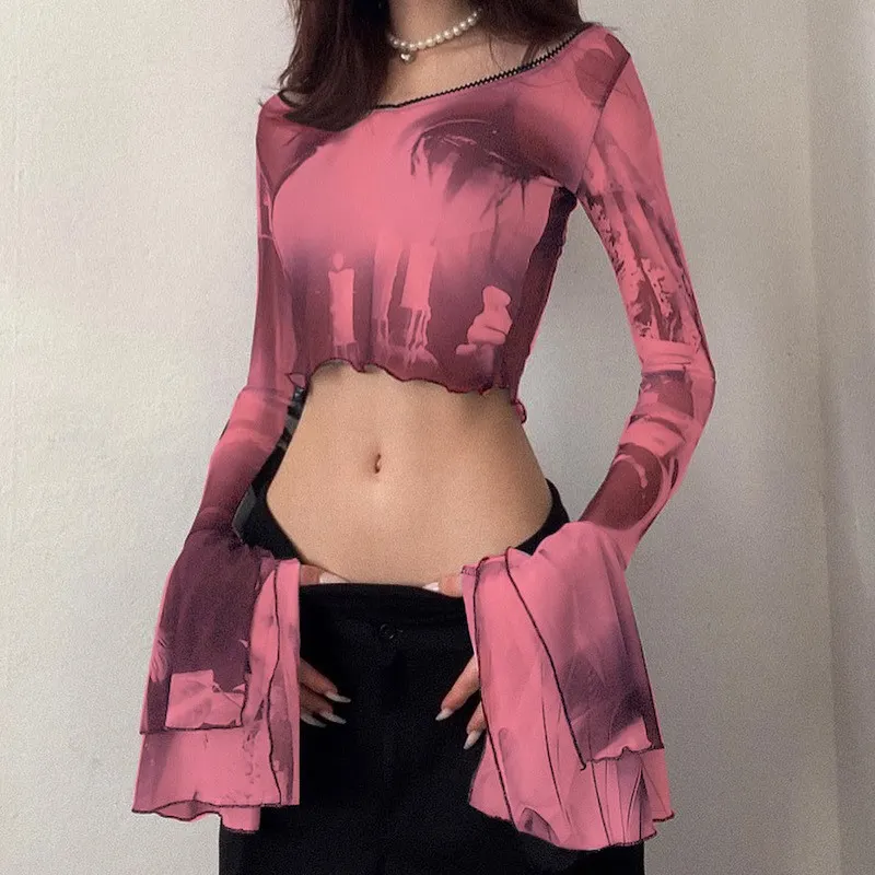 Brownm Brownm Slim Mesh Print Sleeve Horn Long Sleeve Perspective Crop Fashion Women's Top