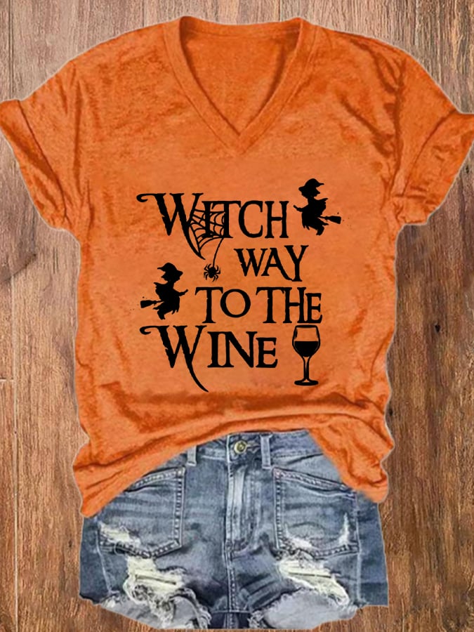 Women's Halloween Witch Way To The Wine Print V-Neck T-Shirt